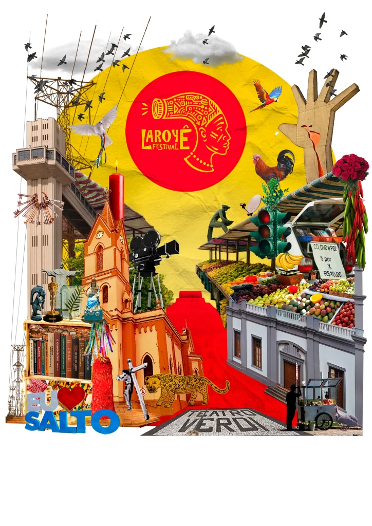 Colagem artística colorida representando elementos culturais e arquitetônicos da cidade de Salto, São Paulo, em composição vibrante que simboliza o Laroyê Festival. No centro superior, sobre um grande círculo amarelo, está o logotipo vermelho do festival com o perfil de uma cabeça estilizada em traço africano e a inscrição “Laroyê Festival”. À esquerda, aparecem a torre da Ponte Pênsil, a igreja central de Salto, livros empilhados, uma câmera de cinema e esculturas teatrais. Na base, a palavra “Eu amo Salto” e figuras de artistas de rua e um jaguar dourado reforçam a atmosfera cênica. À direita, uma feira livre com frutas coloridas, uma placa de preços, um semáforo, aves tropicais e uma grande mão de madeira que segura flores. Ao fundo, um tapete vermelho conduz o olhar ao centro da imagem, ligando o patrimônio arquitetônico, o teatro e o cotidiano popular. Pássaros e nuvens completam a cena, criando uma composição que celebra a arte, a memória, a ancestralidade afro-brasileira e a cultura popular de Salto.