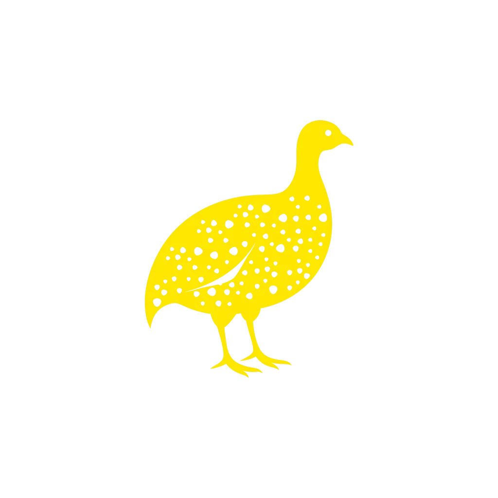 Silhueta estilizada de uma galinha-d’angola em amarelo claro, voltada para a direita. O corpo da ave é preenchido por pequenos círculos brancos que representam suas manchas características